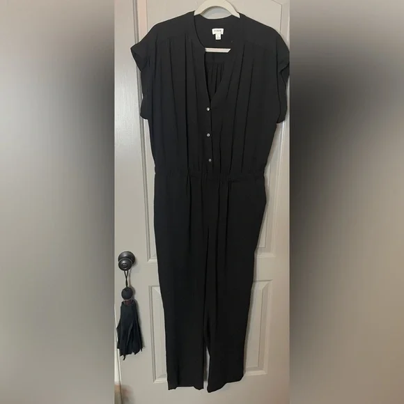 ew J Crew Size Large Black Cuffed Camp Shirt Jumpsuit Womens Button Pockets - Picture 4 of 10